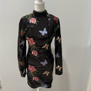 Xtaren Black Sequin Dress with Floral and Butterfly Embroidery